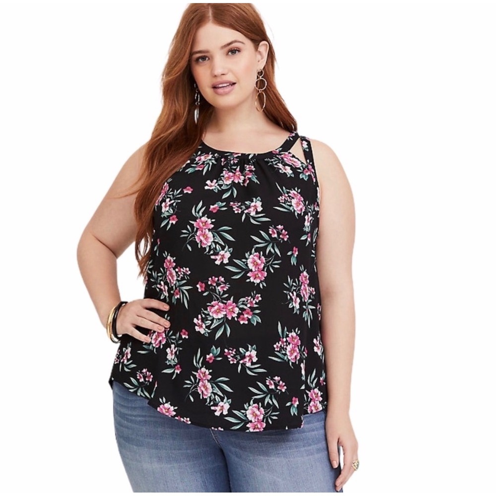 Torrid Womens Pink Floral Black Mixed Media Cutout Shoulder Sleeveless Top 2X